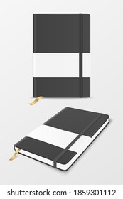 Vector 3d Realistic Black Closed Blank Paper Notebook with Label and Bookmark Set Isolated on White. Design Template of Copybook with Elastic Band for Mockup, Advertise, Logo Print. Front, Top View