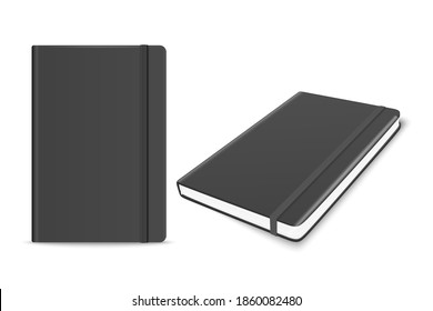 Vektor 3d realistisches schwarz verdichtetes Papier-Notebook mit Lesezeichen einzeln auf weißem Hintergrund. Design Vorlage des Copybook mit Elastic Band für Mock-up, Werbung, Logo-Print. Vorderseite, Draufsicht