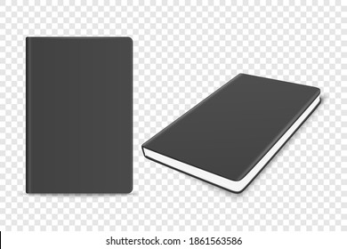 Vector 3d Realistic Black Closed Blank Paper Notebook Set Isolated on Transparent Background. Design Template of Copybook, Diary for Mockup, Advertise, Logo Print. Front, Top View