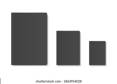 Vector 3d Realistic Black Closed Blank Paper Notebook, Diary, Book Set Isolated on White Background. A4, A5, A6, A7. Design Template, Copybook for Mockup, Advertise, Logo Print. Front. Top View