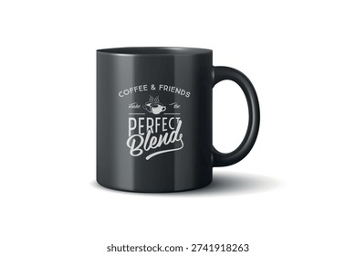 Vector 3d Realistic Black Coffee Mug Mockup with Vintage Typography Print. Ceramic Cup for Branding and Merch Design. Realistic 3d Vector Illustration Isolated
