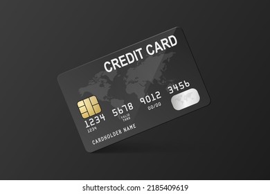 Vector 3d Realistic Black Credit Card on Black Backgrouns. Design Template of Plastic Credit or Debit Card. Credit Card Payment Concept. Front View