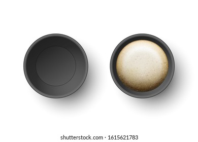 Vector 3d Realistic Black Disposable Opened Paper, Plastic Coffee, Tea Cup for Drinks Icon Set Closeup Isolated on White Background. Design Template, Mockup. Top View