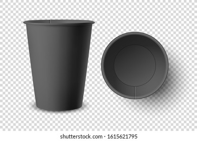 Vector 3d Realistic Black Disposable Opened Empty Paper, Plastic Coffee, Tea Cup for Drinks Icon Set Closeup Isolated on Transparent Background. Design Template, Mockup. Top and Front View