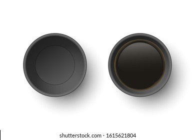 Vector 3d Realistic Black Disposable Opened Paper, Plastic Coffee, Tea Cup for Drinks Icon Set Closeup Isolated on White Background. Design Template, Mockup. Top View