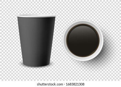 Vector 3d Realistic Black Disposable Opened Paper, Plastic Coffee Cup for Drinks Icon Set Closeup Isolated. Design Template, Mockup. Top and Front View