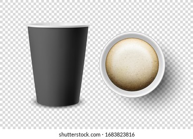 Vector 3d Realistic Black Disposable Opened Paper, Plastic Coffee Cup for Drinks Icon Set Closeup Isolated. Design Template, Mockup. Top and Front View