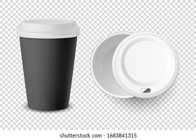 Vector 3d Realistic Black Disposable Closed and Opened Paper, Plastic Coffee Cup for Drinks with White Lid Set Closeup Isolated. Design Template, Mockup. Top and Front View