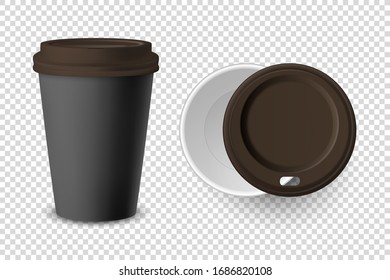 Vector 3d Realistic Black Disposable Closed and Opened Paper, Plastic Coffee Cup for Drinks with Brown Lid Set Closeup Isolated on Transparent Background. Design Template, Mockup. Top and Front View