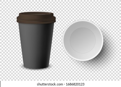 Vector 3d Realistic Black Disposable Closed and Opened Paper, Plastic Coffee Cup for Drinks with Brown Lid Set Closeup Isolated. Design Template, Mockup. Top and Front View