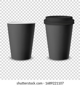 Vector 3d Realistic Black Disposable Opened and Closed Paper or Plastic Coffee Cup for Drinks with Black Lid Icon Set Closeup Isolated. Design Template, Mockup. Front View