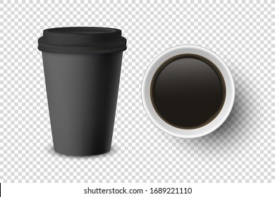 Vector 3d Realistic Black Disposable Closed and Opened Paper, Plastic Coffee Cup for Drinks with Black Lid Set Closeup Isolated. Design Template, Mockup. Top and Front View