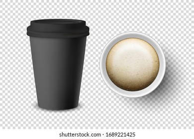 Vector 3d Papel negro realista desechable cerrado y abierto, Café plástico para bebidas con tapa negra cerrado cerrado aislado. Plantilla de diseño, Trampa. Vista superior y frontal