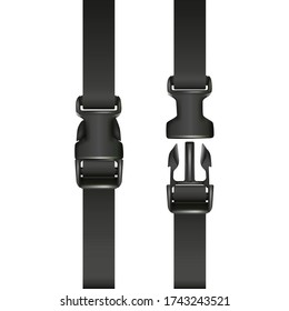 Vector 3d realistic black dual quick release buckle with a strap, closed and opened. Isolated on white background. svg