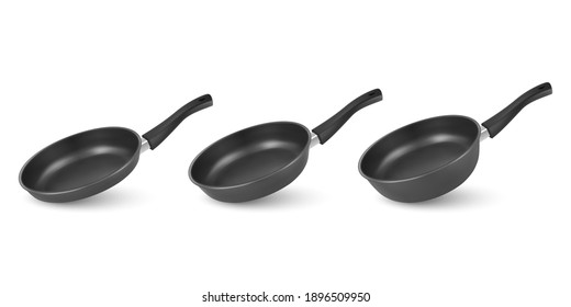 Vector 3d Realistic Black Empty Frying Pan Icon Set Isolated on White Background. Design Template, Mockup