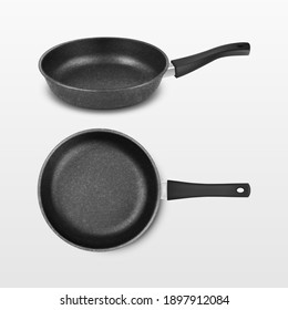 Vector 3d Realistic Black Empty Frying Pan Icon Set Isolated on White Background. Design Template for Mockup. Top and Front or Side View