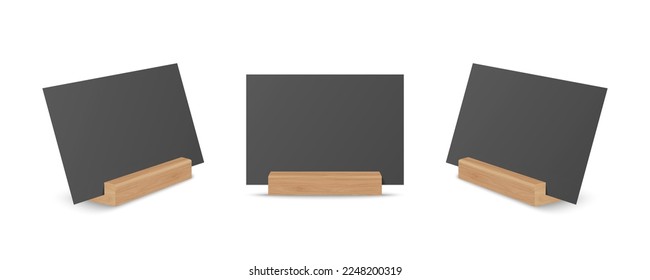 Vector 3d Realistic Black Empty Blank Paper Sheet, Card on Wooden Holder, Stand Icon Set Closeup Isolated. Design Template for Mockup, Menu Frame, Booklets. Acrylic Tent Card. Front, Side View