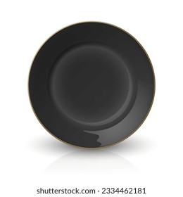 Vector 3d Realistic Black Empty Porcelain, Ceramic Plate Icon Closeup Isolated with Reflection. Design Template for Mockup. Stock Vector Illustration. Front View