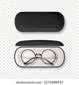 Vector 3D Realistic Black Frame Glasses and Black Case Set. Round Sunglasses and Case. Vintage Eyeglasses, Case, Top View. Design Template for Optics and Eyewear Branding