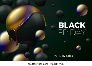 Vector 3D realistic black friday sale banner concept with black balls turning into bright. On dark background.