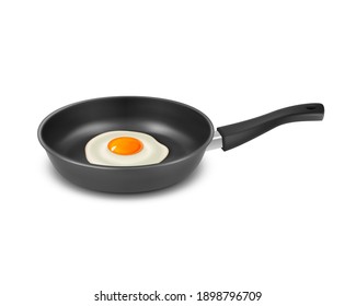 Vector 3d Realistic Black Frying Pan with Fried Edd, Omelet Inside Isolated on White Background. Breakfast, Food Concept. Design Template, Mockup