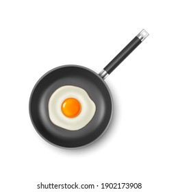 Vector 3d Realistic Black Frying Pan with with Fried Egg, Omelet Inside Isolated on White Background. Breakfast, Food Concept. Design Template, Mockup. Top View