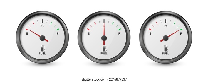 Vector 3d Realistic Black Gas Fuel Tank Gauge, Oil Level Bar Set Isolated. Full and Empty. Display Board, Fuel Gauge Panel, Car Dashboard Details. Fuel Indicator, Gas Meter, Sensor. Design Template