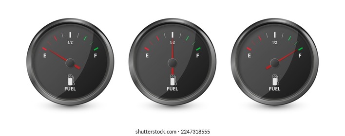 Vector 3d Realistic Black Gas Fuel Tank Gauge, Oil Level Bar Set Isolated. Full and Empty. Display Board, Fuel Gauge Panel, Car Dashboard Details. Fuel Indicator, Gas Meter, Sensor. Design Template