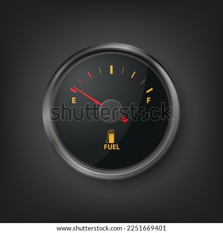 Vector 3d Realistic Black Gas Fuel Tank Gauge, Oil Level Bar Closeup on Black Background. Display Board, Fuel Gauge Panel, Car Dashboard Details. Fuel Indicator, Gas Meter, Sensor