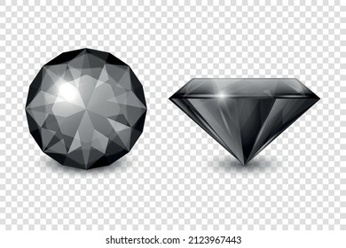 Vector 3d Gemstone negro realista, Diamante, Cristal, Rhinestones Icono Set Closeup Aislado. Concepto jovial. Plantilla de diseño, Clipart. Vista superior y lateral
