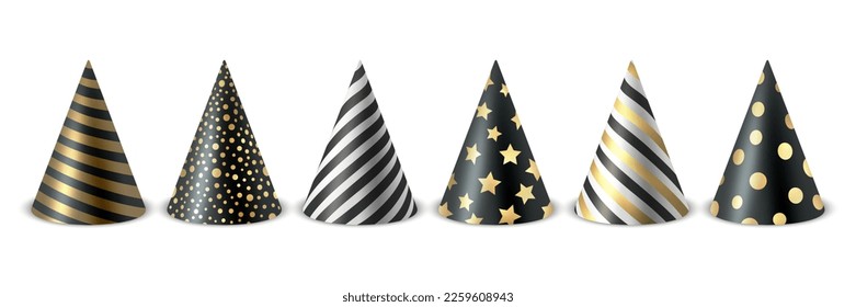 Vector 3d Realistic Black and Golden Birthday Party Hat Icon Set Isolated. Party Cap Design Template for Party Banner, Greeting Card. Holiday Hats, Cone Shape, Front View