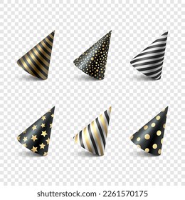 Vector 3d Realistic Black and Golden Birthday Party Hat Icon Set Isolated. Party Cap Design Template for Party Banner, Greeting Card. Holiday Hats, Cone Shape, Front View