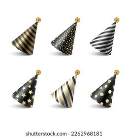 Vector 3d Realistic Black and Golden Birthday Party Hat Icon Set Isolated on White Background. Party Cap Design Template for Party Banner, Greeting Card. Holiday Hats, Cone Shape, Front View