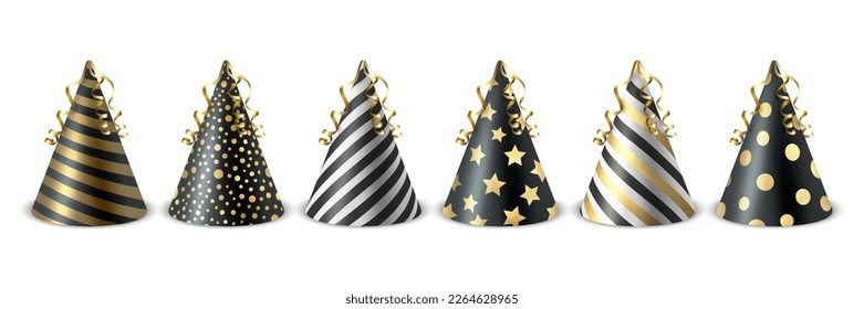 Vector 3d Realista Black y Golden Birthday Party Hat Icon Set aislado en fondo blanco. Plantilla de diseño de portada para banner de fiesta, tarjeta de saludo. Sombreros de vacaciones, forma de cono, vista frontal