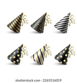 Vector 3d Realistic Black and Golden Birthday Party Hat Icon Set Isolated on White Background. Party Cap Design Template for Party Banner, Greeting Card. Holiday Hats, Cone Shape, Front View