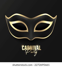 Máscara de la cara del vector 3d, negro realista y carnaval de oro, sobre fondo negro. Máscara de fiesta, cierre de mascarada. Plantilla de diseño de máscara. Carnaval, partido, secreto, héroe, concepto más extraño
