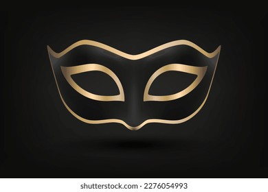 Máscara de la cara del vector 3d, negro realista y carnaval de oro, sobre fondo negro. Máscara de fiesta, cierre de mascarada. Plantilla de diseño de máscara. Carnaval, partido, secreto, héroe, concepto más extraño