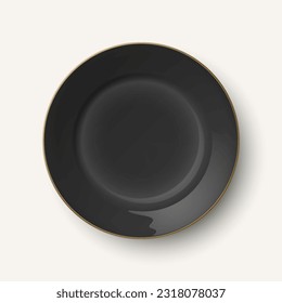 Vector 3d Realistic Black with Golden Border Empty Porcelain, Ceramic Plate Icon Closeup Isolated. Design Template for Mockup. Stock Vector Illustration. Front, Top View
