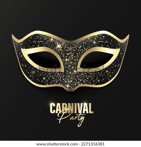 Vector 3d Realistic Black and Golden Carnival Face Mask with Glitter on Black Background. Mask for Party, Masquerade Closeup. Design Template of Mask. Carnival, Party, Secret, Hero, Stranger Concept