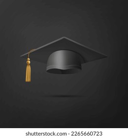 Vector 3d Realista Black Graduate College, High School, University Black Cap Icon Closeup Aislado en Fondo Negro. Sombrero de Ceremonia de Grado Vector. Símbolo educativo estudiantil, Sombrero. Vista frontal