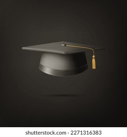 Vector 3d Realistic Black Graduate College, High School, University Black Cap Icon Closeup Isolated on Black Background. Vector Degree Ceremony Hat. Educational Student Symbol, Hat. Front View