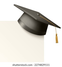 Vector 3d Realistic Black Graduate College, High School, University Black Cap Icon Closeup with Blank White Card Isolated. Vector Degree Ceremony Hat. Educational Student Symbol, Hat. Front View