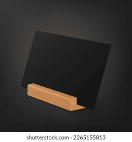 Vektor 3d realistisches, leeres, leeres, leeres Blatt, Karte auf Holzhaken, Standsymbol Nahaufnahme. Design-Vorlage für Mock-up, Menu-Rahmen, Booklets. Acrylzettelkarte. Halbdrehung, Seitenansicht