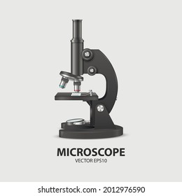 Vector 3d Realistic Black Laboratory, School Microscope Isolated on White. Chemistry, Microbiology Tool. Science, Lab, Research, Education Concept. Design Template, Mockup. Front View