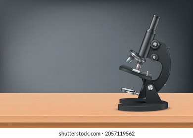 Vector 3d Realistic Black Laboratory Microscope On The Wooden Table Against The School Blackboard Background. Chemistry, Biology Tool. Science, Lab, Research, Education Concept. Design Template