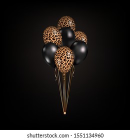 Vector 3d realistic black and leopard print skin balloons isolated on black background. Bunch of colorful party balloons for event design, birthday, anniversary, celebration, carnival. 