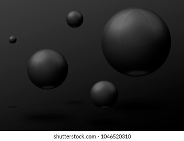 Vector 3D realistic black marble balls, flying in the air, isolated on dark background.