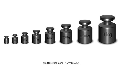 Vector 3d Realistic Black Metal Calibration Laboratory Weight Different Sizes Icon Set Closeup Isolated on White Background. Design Template of Little Weights for Mechanical Jewelry Scales