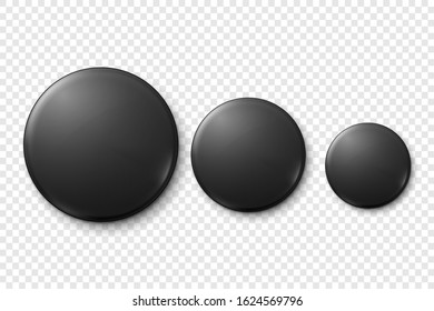 Vector 3d Realistic Black Metal or Plastic Blank Button Badge Icon Set Closeup Isolated on Transparent Background. Top View. Template for Branding Identity, Graphic Presentations. Mock-up