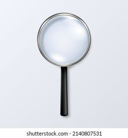 Vector 3d Realistic Black and Metal Magnifying Glass or Loup Closeup Isolated. Design Template of Magnifying Glass, Loupe for Graphics. Top View